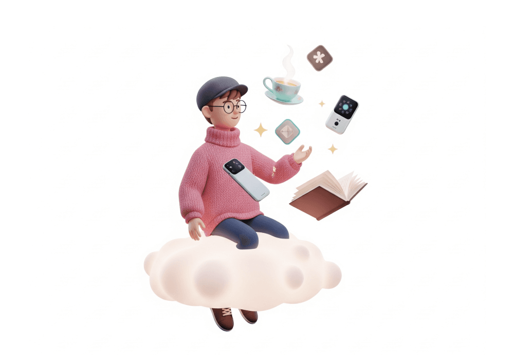 Person sitting on cloud with phone and book