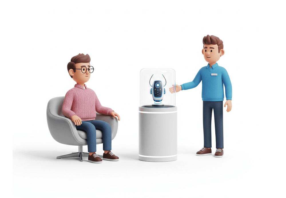Two people with privacy-focused robot device