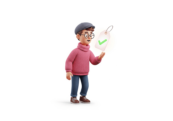 Person holding a price tag with checkmark