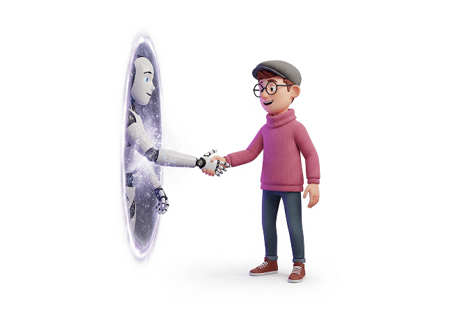Person shaking hands with robotic arm from portal